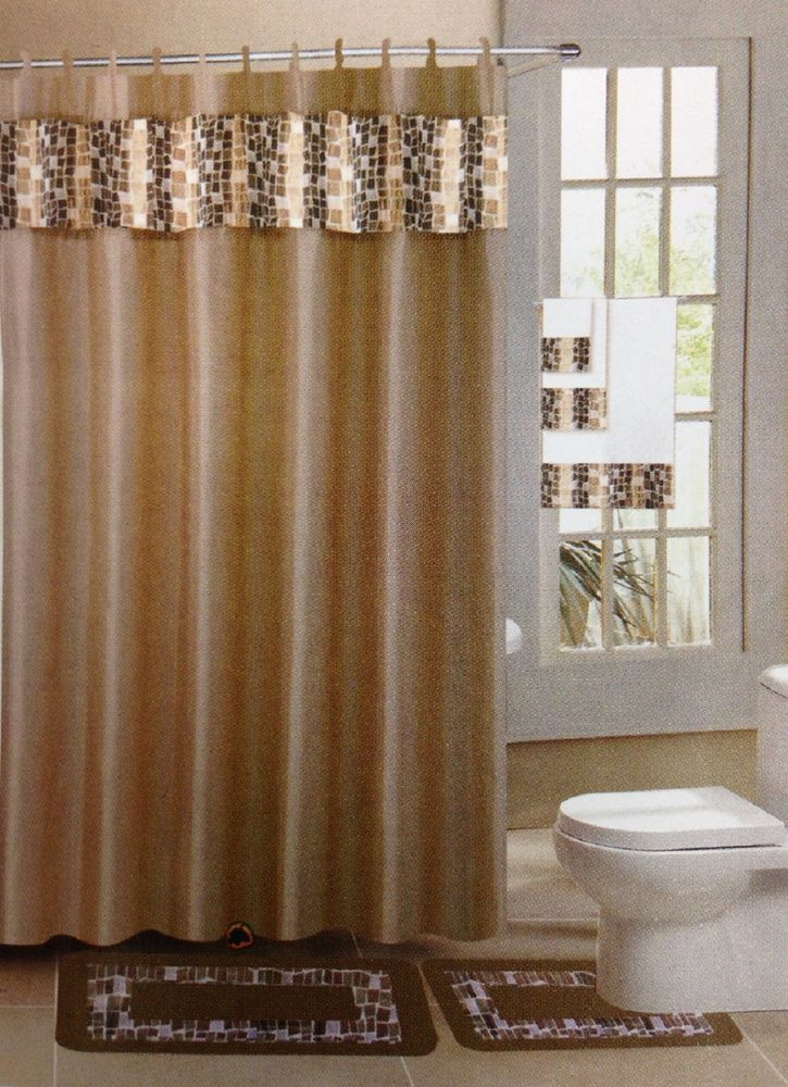 Bathroom Shower Curtain Sets
 18 pc Bath rug set Taupe tile design bathroom shower