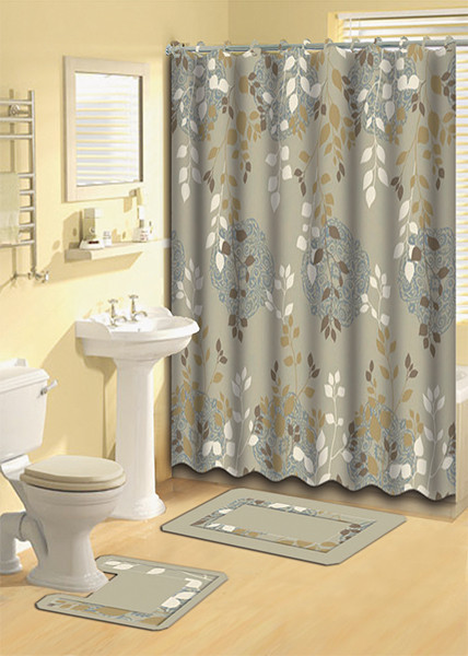 Bathroom Shower Curtain Sets
 Taupe Aqua Floral Vines Shower Curtain 15 Pc Bath Rug Mat