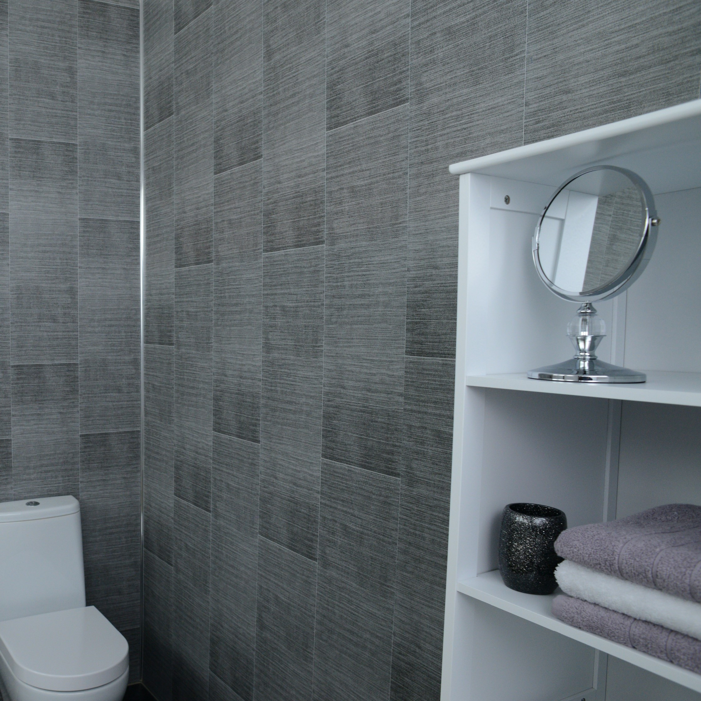 Bathroom Wall Covering
 Grey Brushed Tile Effect Bathroom Cladding & Light Grey