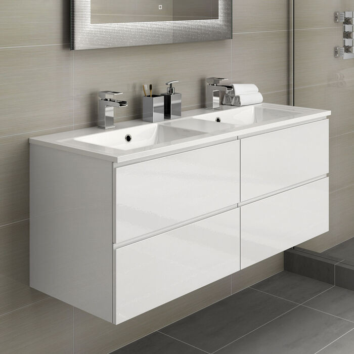 Bathroom Wall Units
 1200mm Trevia High Gloss White Double Basin Cabinet Wall