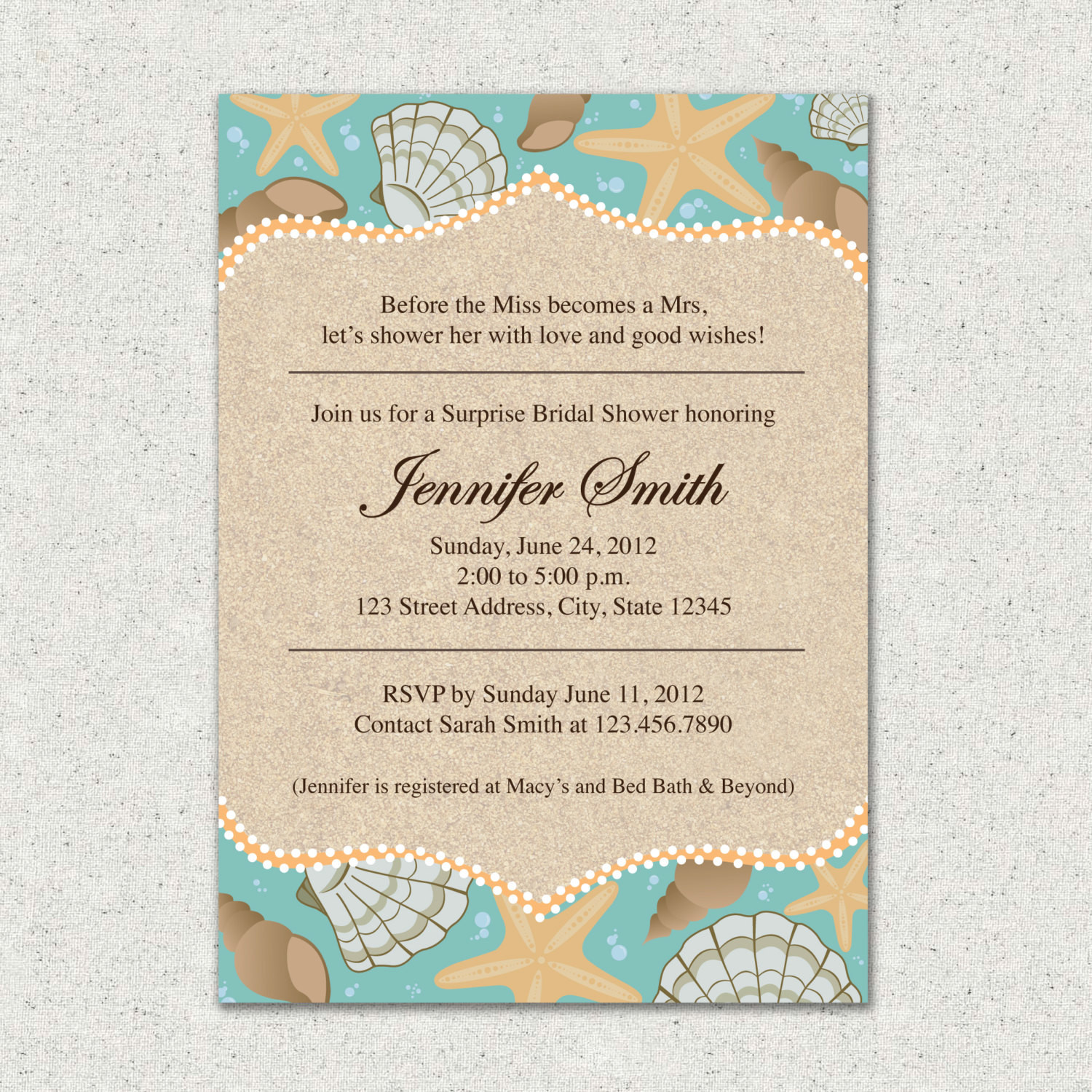 Beach Theme Birthday Invitations
 Invitation Beach Themed Bridal Shower Invite by