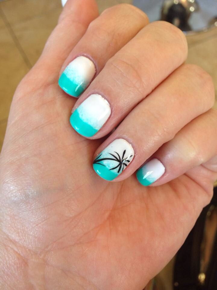 Beach Themed Nail Designs
 Gorgeous summer beach theme nails Gel with teal fade tips