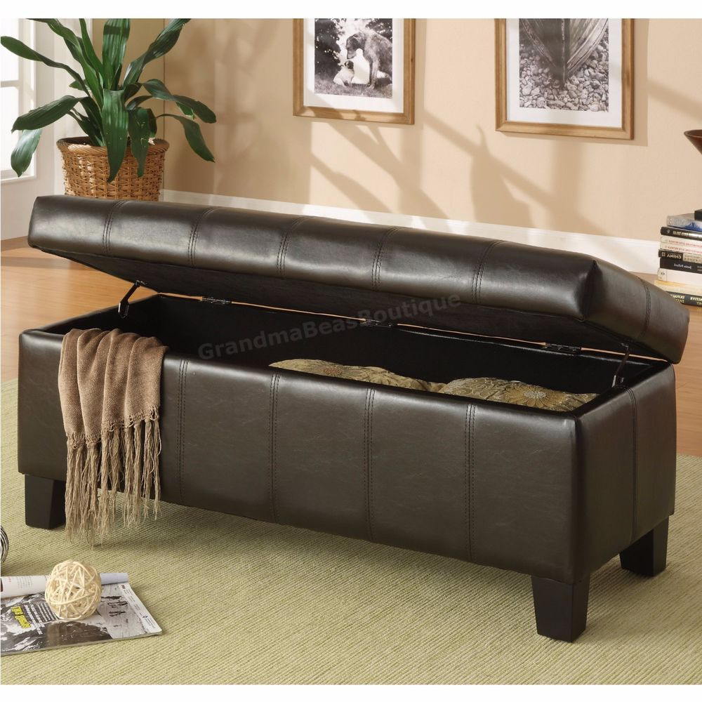 Bedroom Ottoman Storage Bench
 Padded Storage Bench Brown Faux Leather Hinged Lift Top