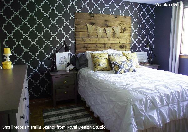 Bedroom Wall Stencils
 Stenciled Feature Wall Idea for Rustic Chic Design