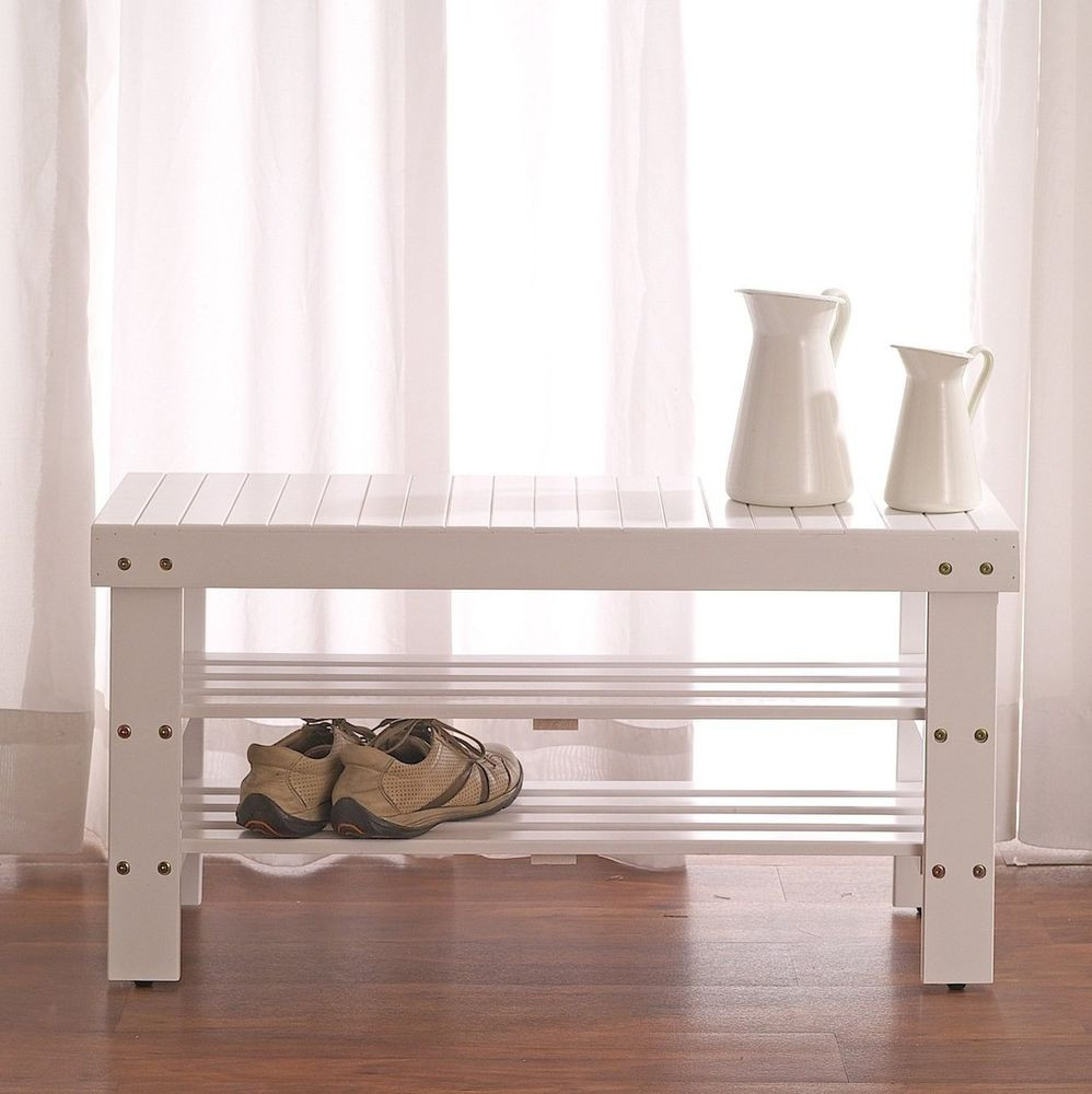 Bench With Shoe Storage
 2 Tiers Wooden Shoe Bench Rack in White Finish