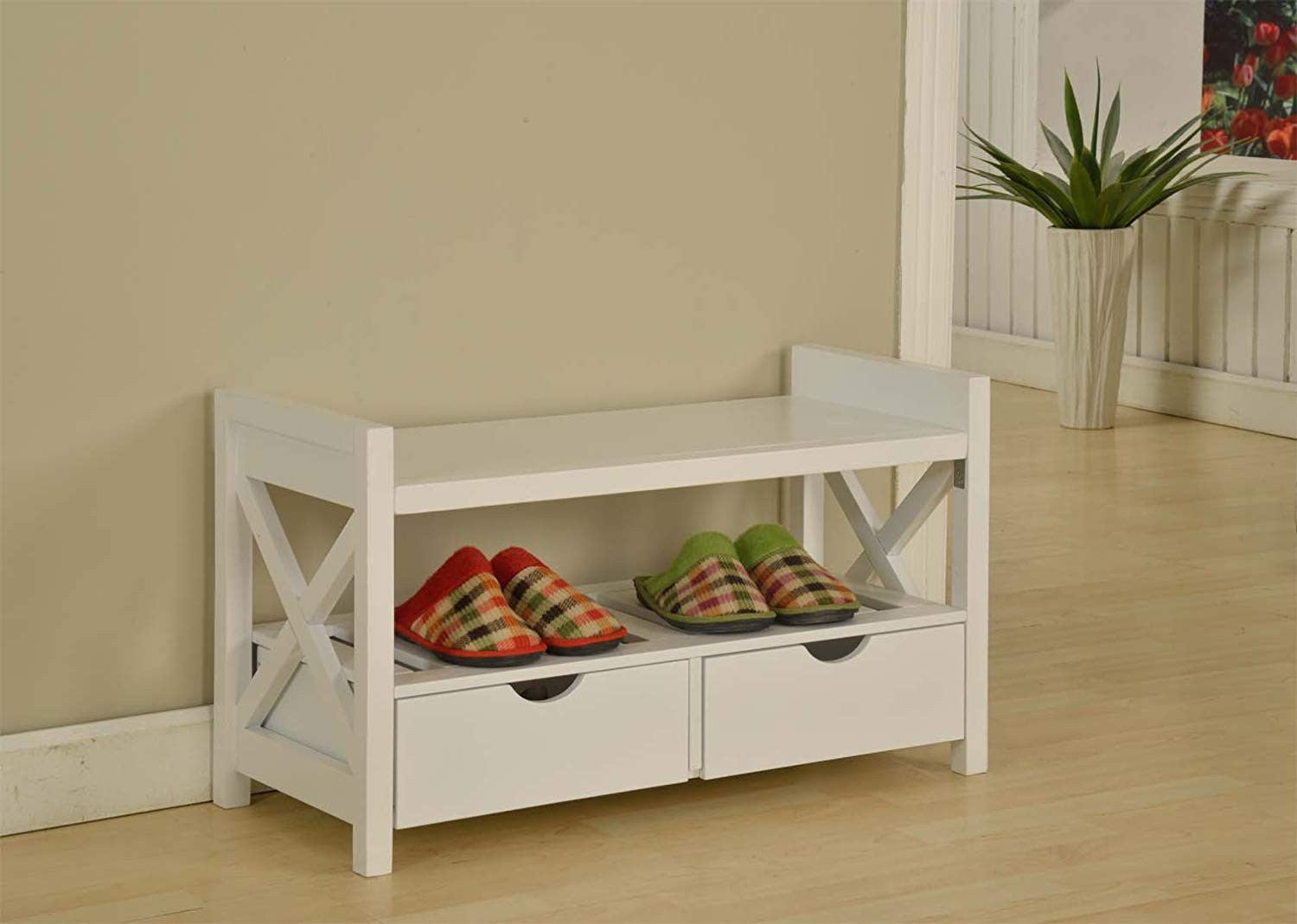 Bench With Shoe Storage
 Kings Brand White Finish Wood Shoe Storage Bench With