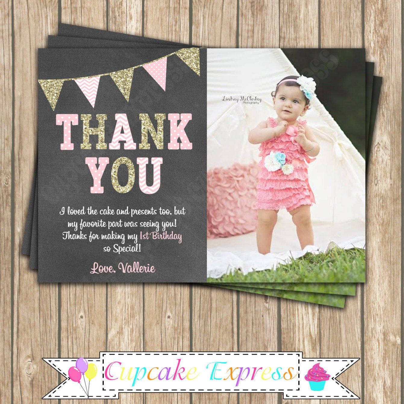 Birthday Card Wording
 e First Birthday girl coral pink gold PRINTABLE Thank
