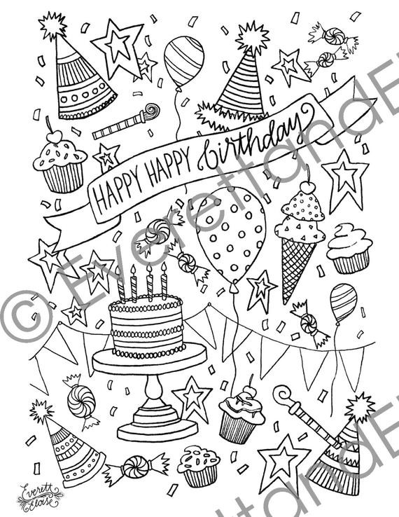 Birthday Coloring Pages For Adults
 Digital Download Happy Happy Birthday Coloring