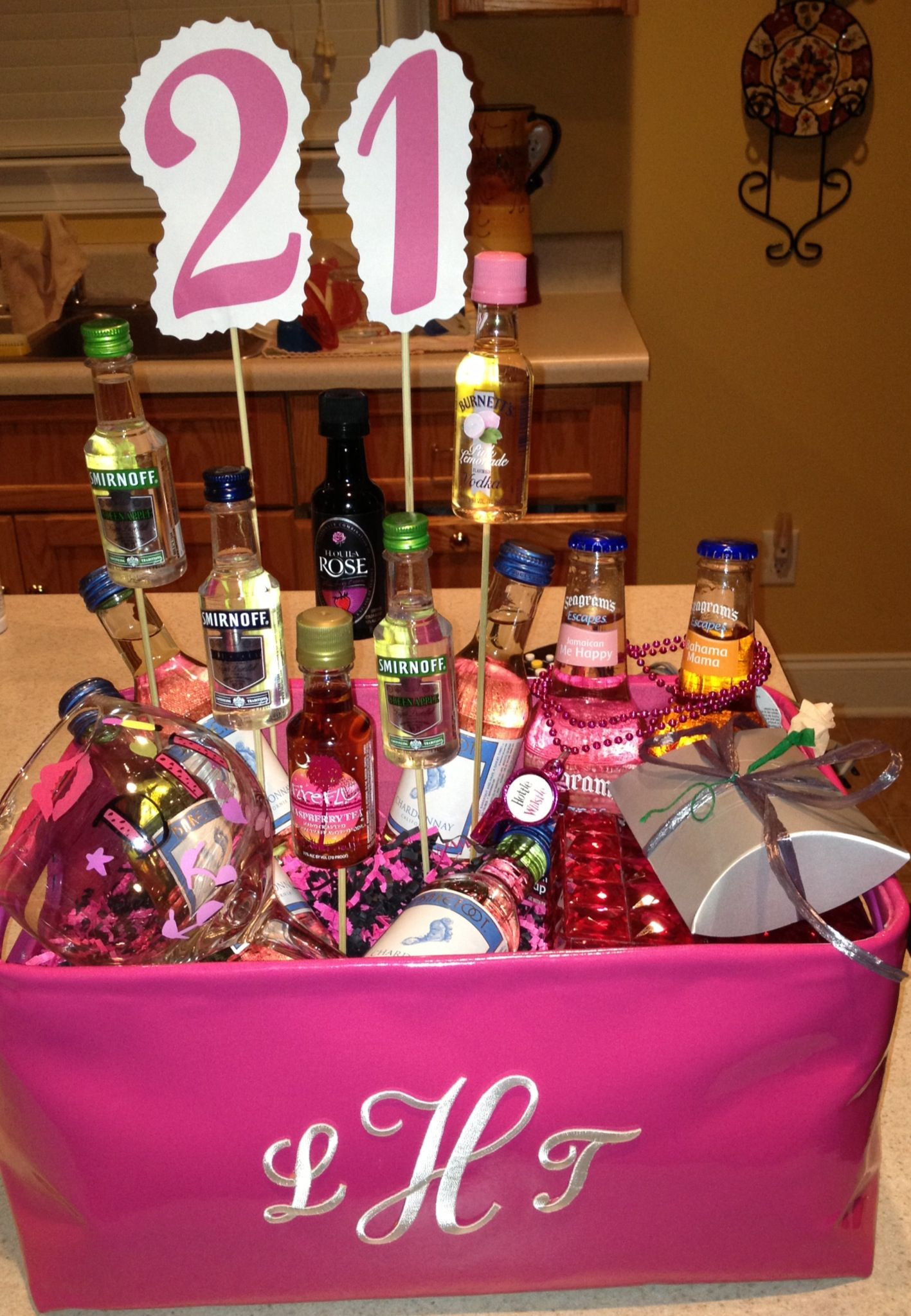 Birthday Gift Basket Ideas For Best Friend
 21st birthday basket full of goo s that I made for my