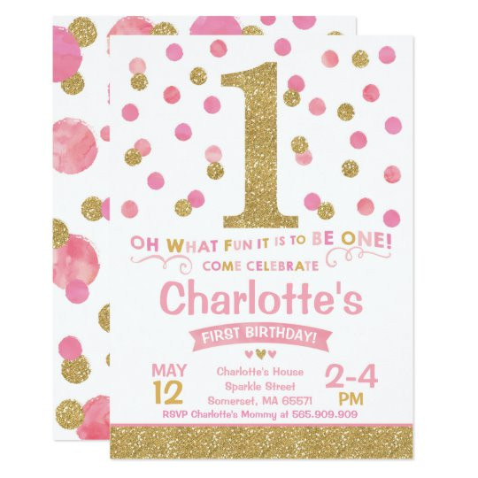 Birthday Invitations For Girl
 Girl 1st Birthday Invitation Pink & Gold Confetti