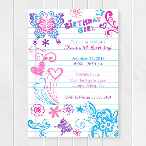 Birthday Invitations For Girl
 Notebook Doodles Tween Birthday Invitation Girl Birthday