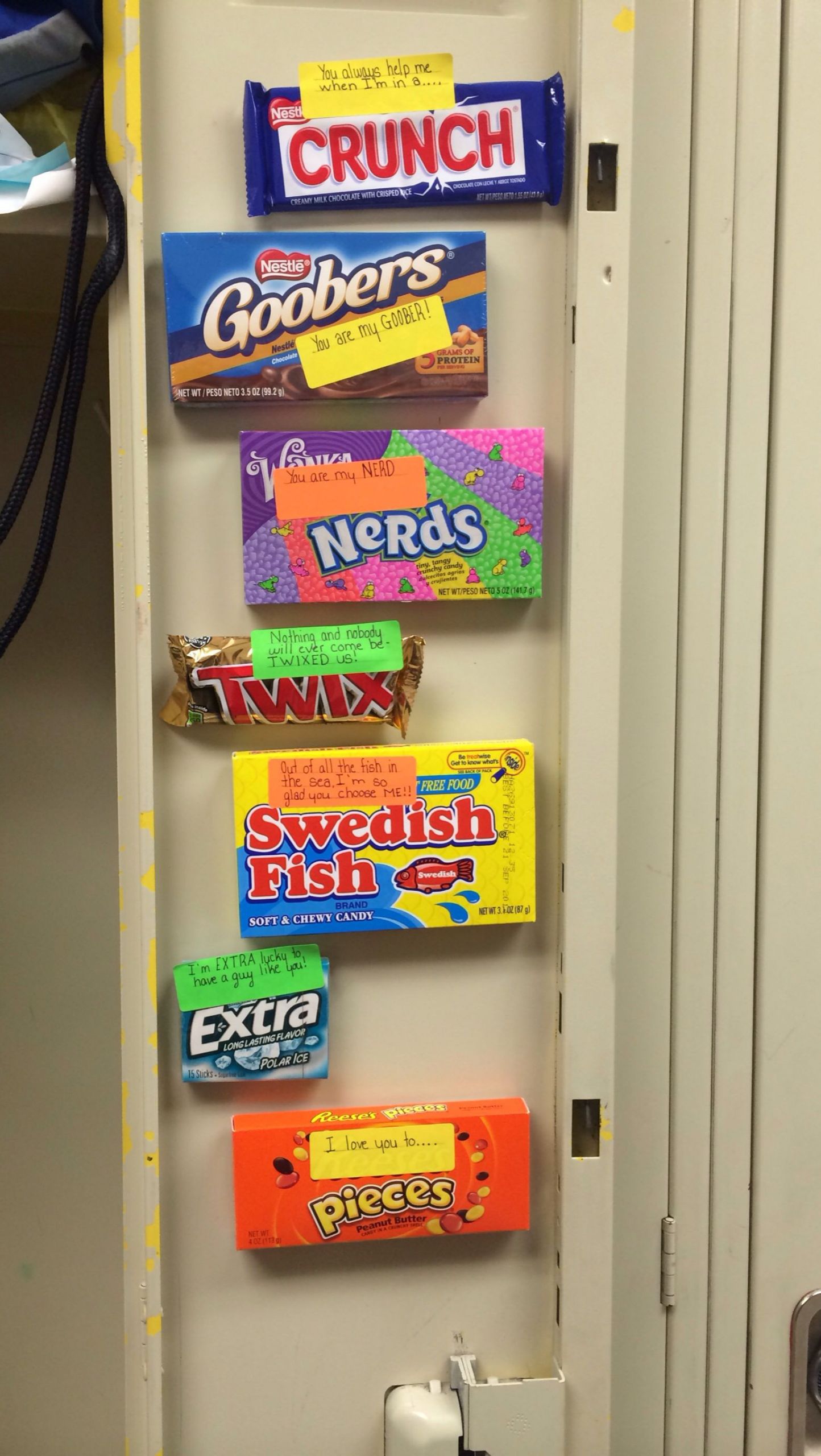 Birthday Locker Decorations
 For me and my boyfriends anniversary I put candy in his