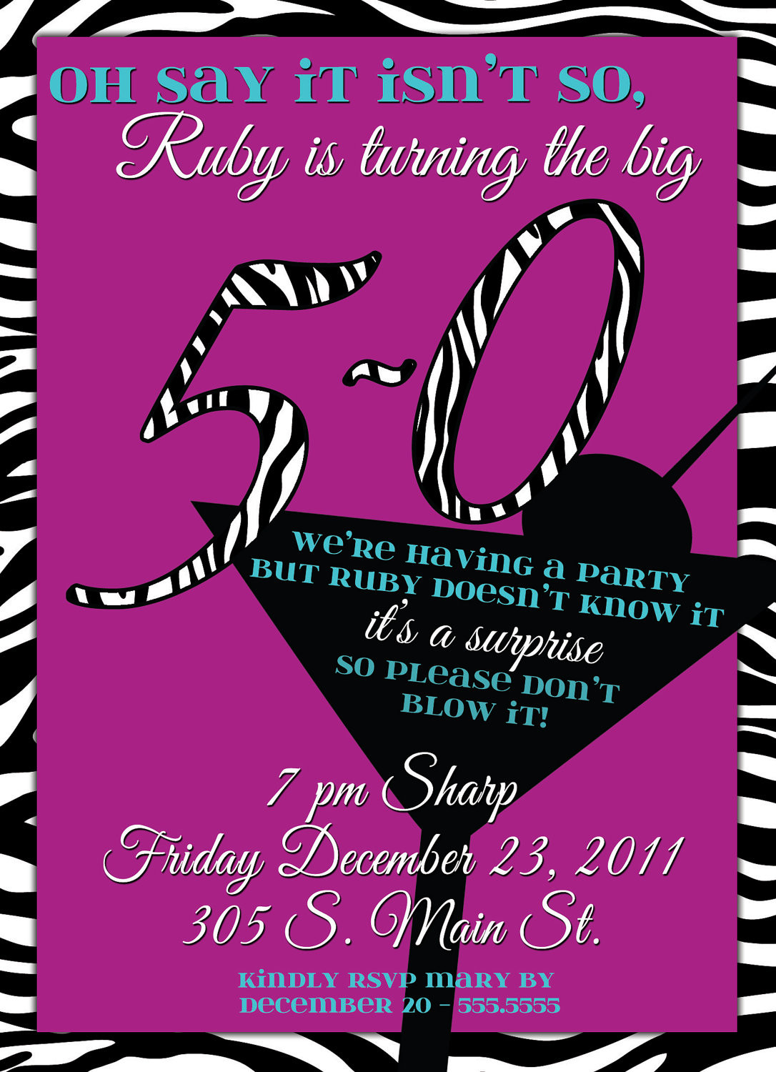 Birthday Party Invitations
 Zebra Print & Martini La s Invitations 50th by TheFunkyOlive