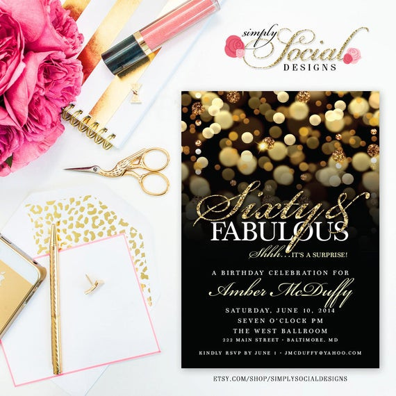 Birthday Party Invitations
 Surprise 60th Birthday Party Invitation with Gold Glitter