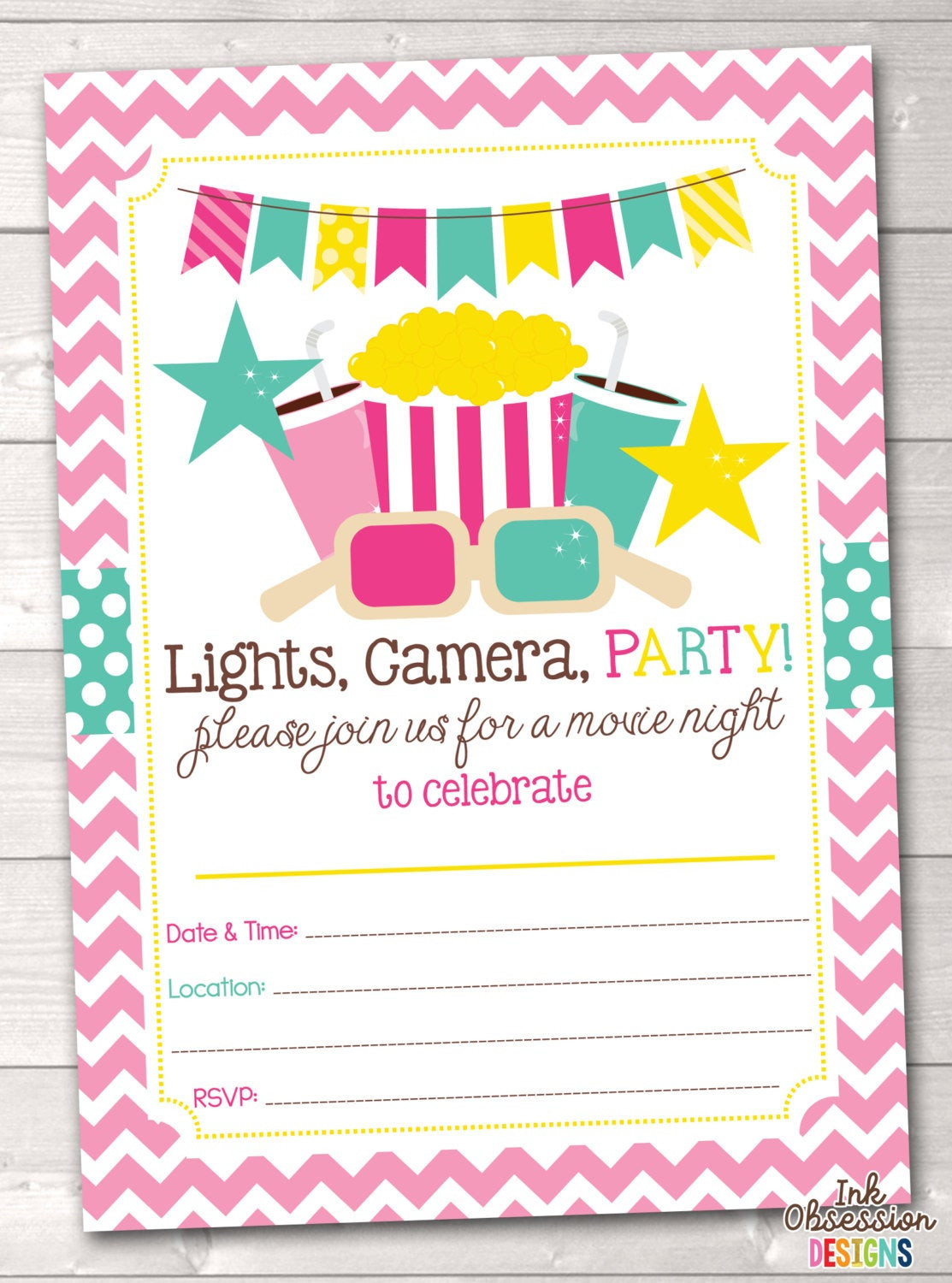 Birthday Party Invitations
 Printable Girls Movie Party Birthday Party Invitation Instant