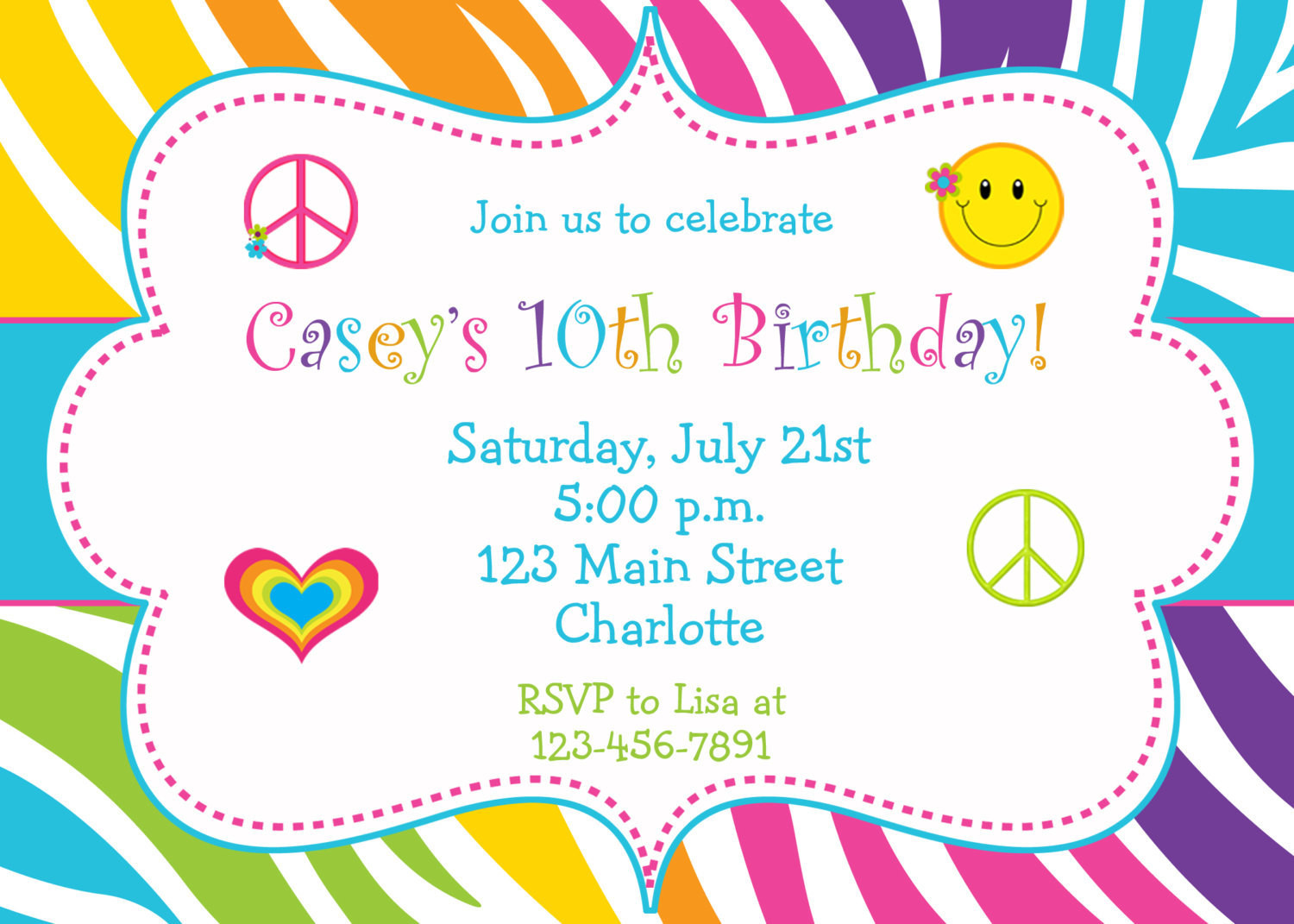 Birthday Party Invitations
 Rainbow Zebra Girls Birthday Party Invitation by