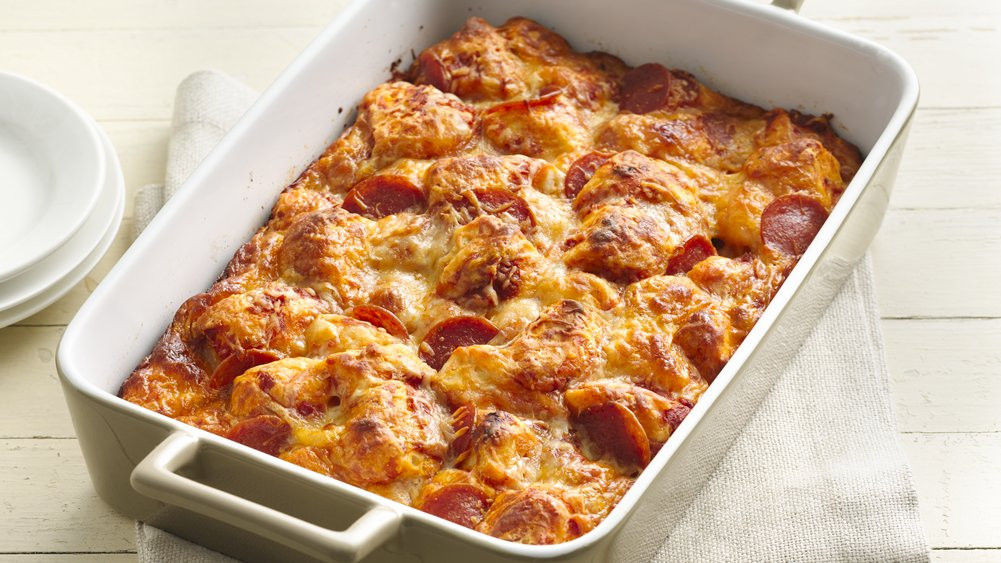 Biscuit Pizza Casserole
 Grands Pepperoni Pizza Bake recipe from Pillsbury