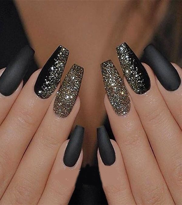 Black And Gold Glitter Nails
 Matte Black with Gold Glitter Nails Art In 2019