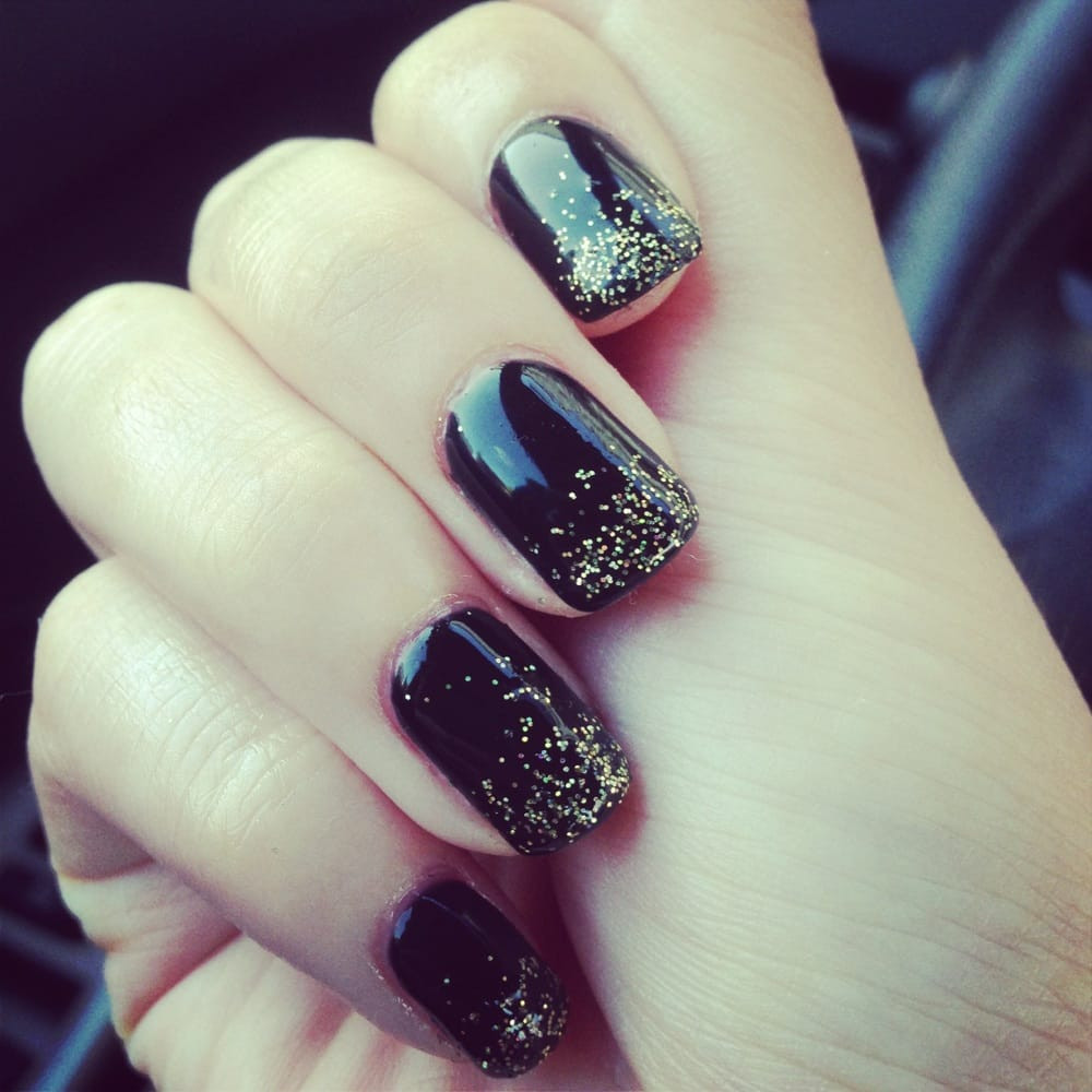 Black And Gold Glitter Nails
 Black gel nails with gold glitter ombré Yelp