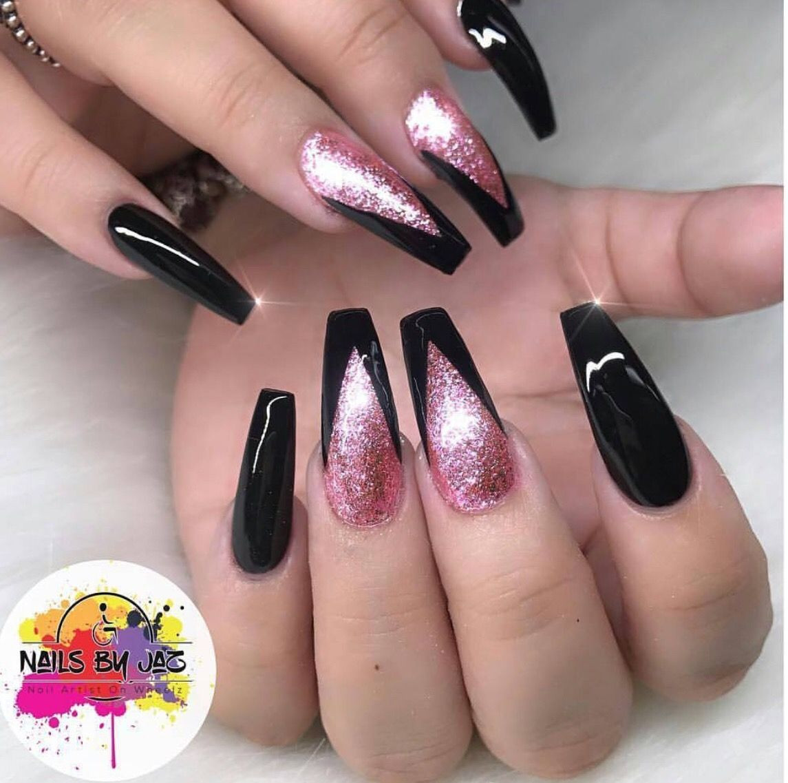 Black And Red Glitter Nails
 Black and Rose glitter coffin nails