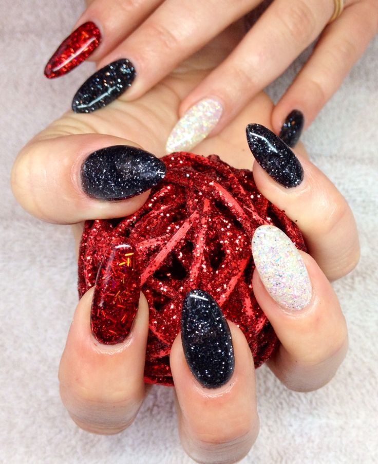 Black And Red Glitter Nails
 Pointed stiletto gel nails with red white and black