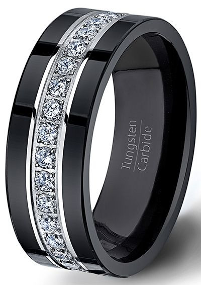 Black Men Wedding Bands
 Black Tungsten Ring Fully Stacked With Brilliant Diamond