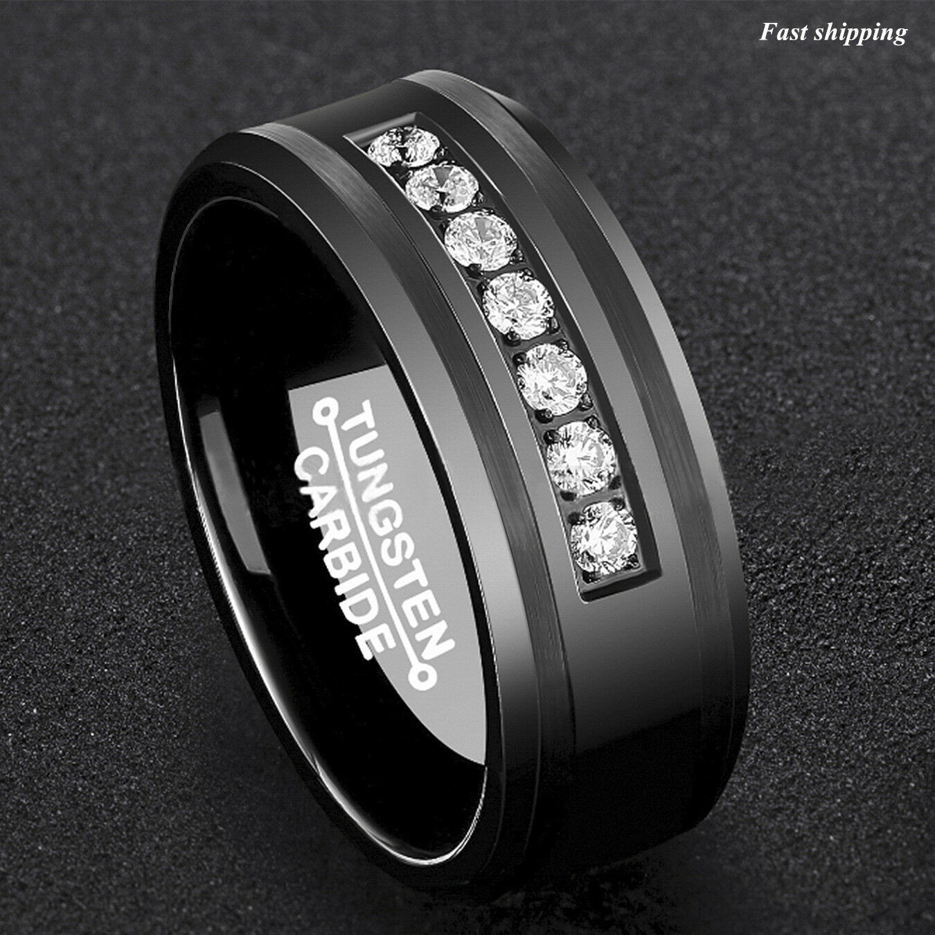 Black Men Wedding Bands
 8Mm Black Tungsten Carbide Ring Diamonds Inlay fort Fit