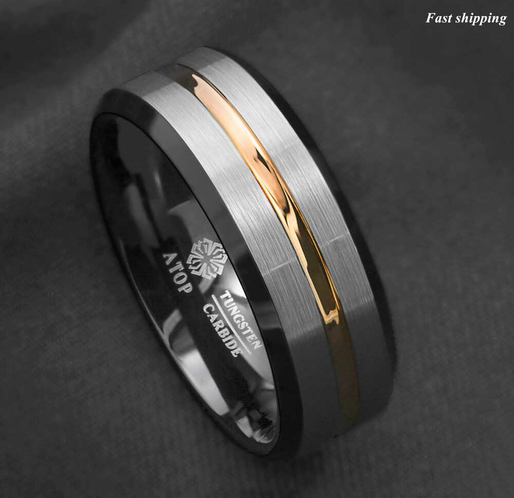 Black Men Wedding Bands
 8Mm Silver Brushed Black edge Tungsten Ring Gold Stripe