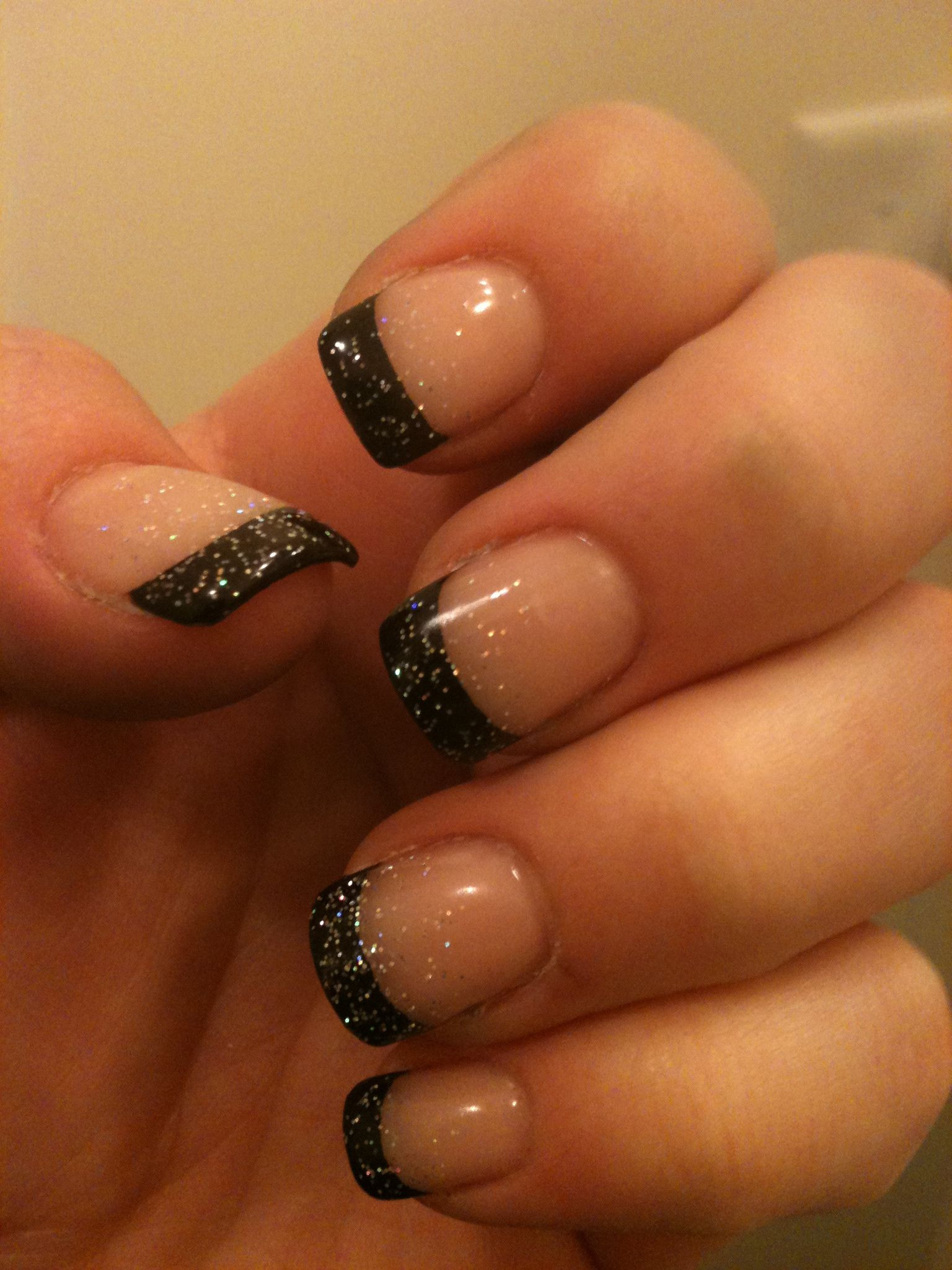 Black Nails With Glitter Tips
 Got my nails done Black French tip with sparkles