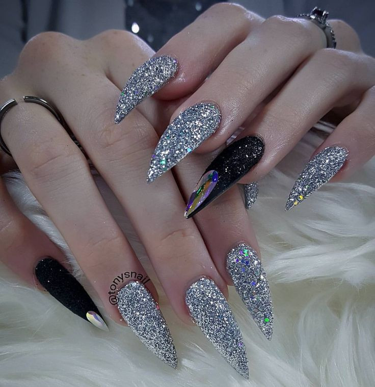 Black Nails With Silver Glitter
 Fierce custom long black and silver glitter stiletto nails
