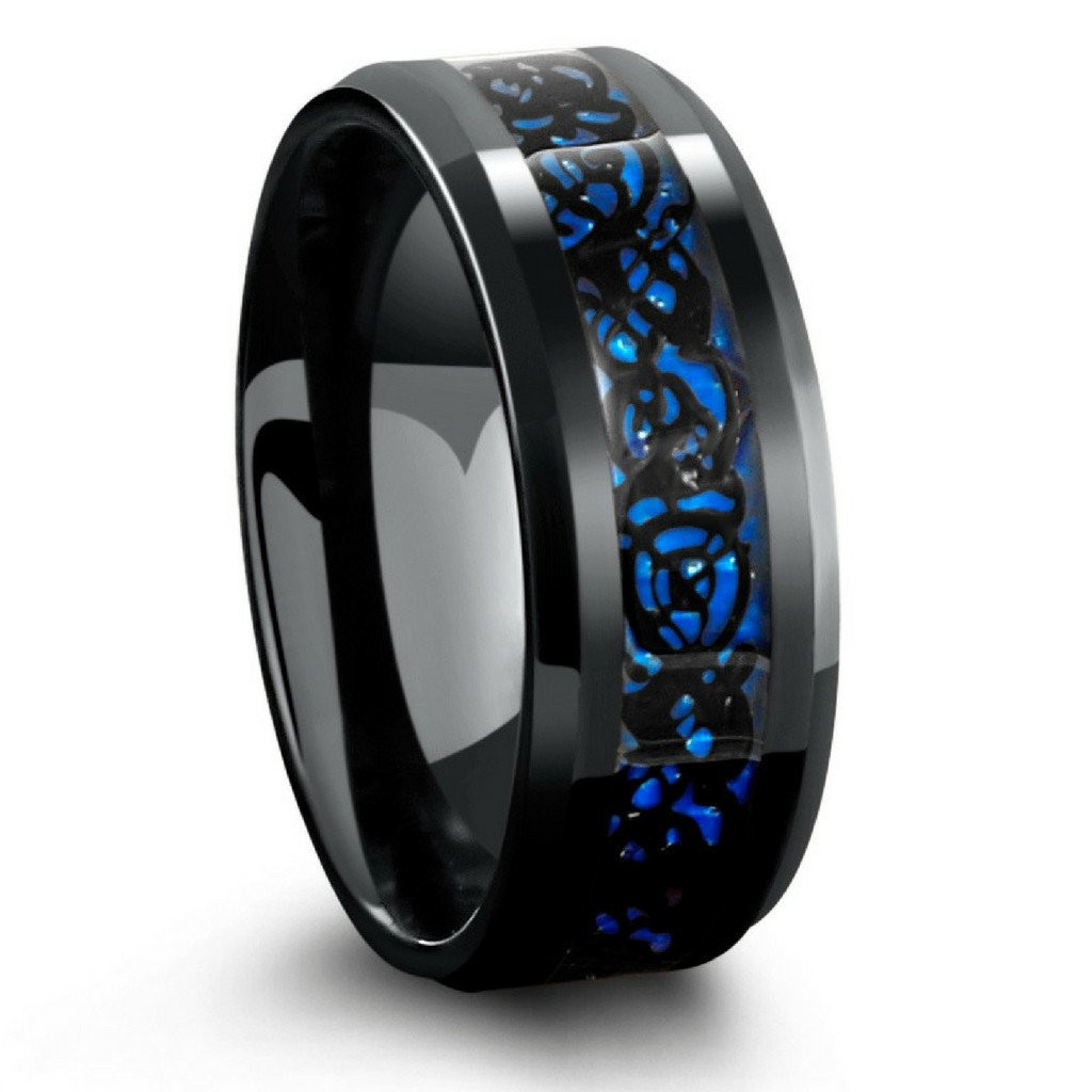 Black Tungsten Wedding Band
 8mm Black Celtic Tungsten Wedding Band With Blue Carbon