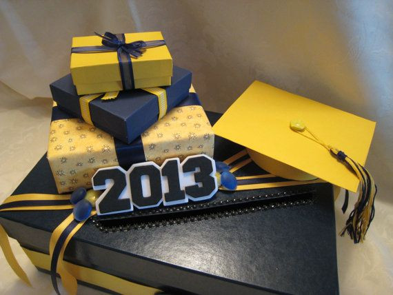 Blue And Yellow Graduation Party Ideas
 Navy Blue Gold Yellow Graduation Party Card Box
