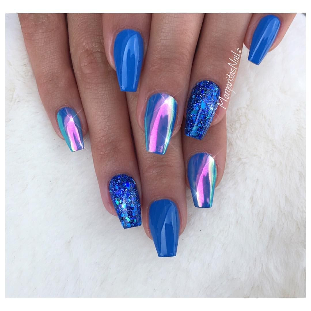 Blue Gel Nail Designs
 Blue coffin nails Rainbow chrome nail art design in 2019