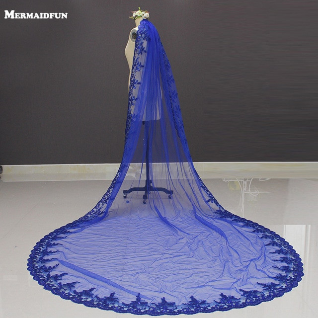 Blue Wedding Veil
 New Royal Blue 3 Meters Bling Sequins Lace Long Cathedral
