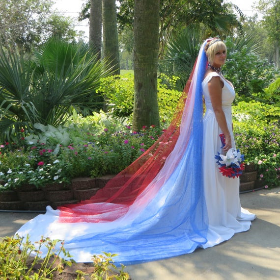Blue Wedding Veil
 Red White and Blue Wedding Veil Patriotic by AVCustomDesigns