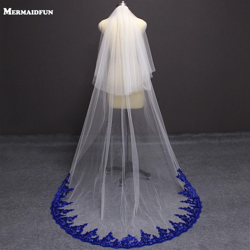Blue Wedding Veil
 New Arrival Bling Sequins Royal Blue Lace White Ivory