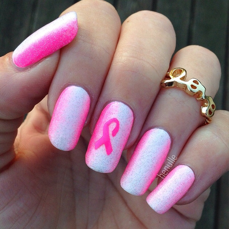 Breast Cancer Nail Art
 Pink breast cancer awareness nails nail art by Henulle