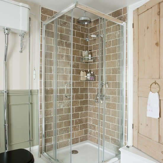 Brick Tile Bathroom
 Shower cubicle with travertine tiles