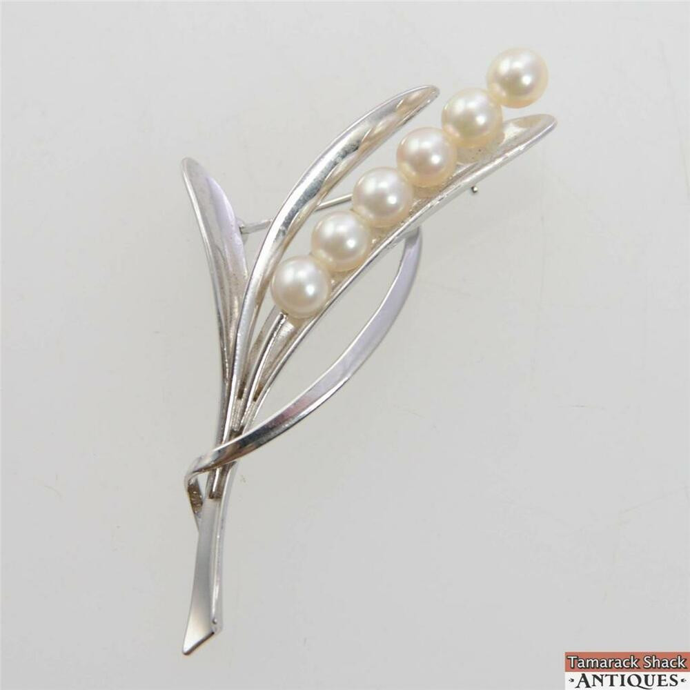Brooches Design
 Vintage 925 Sterling Silver Faux Pearl Brooch Pin Cattail