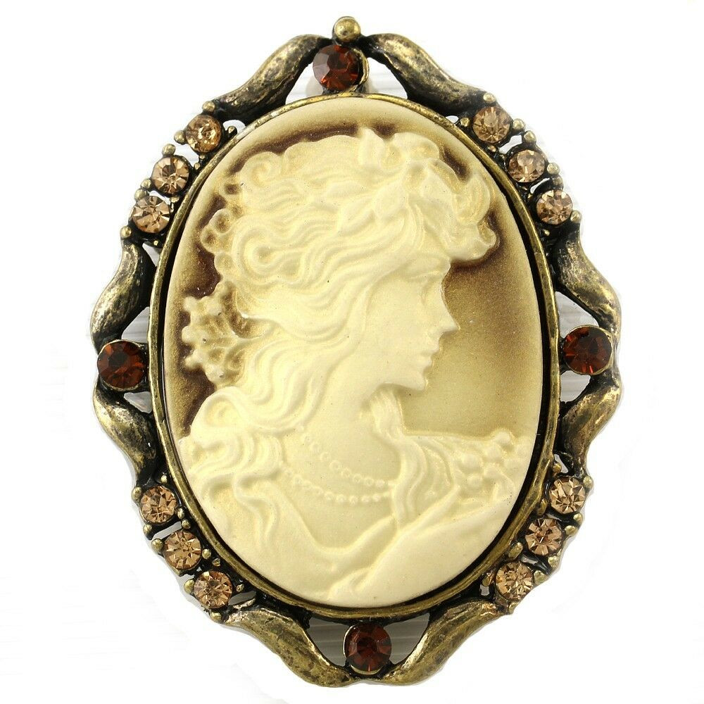 Cameo Brooches
 CAMEO Brooch Pin Brown Crystal Stone Antique Replica