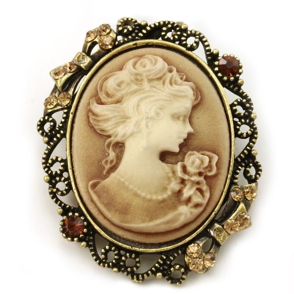 Cameo Brooches
 Light Brown Vintage Replica Style CAMEO Crystal Brooch Pin