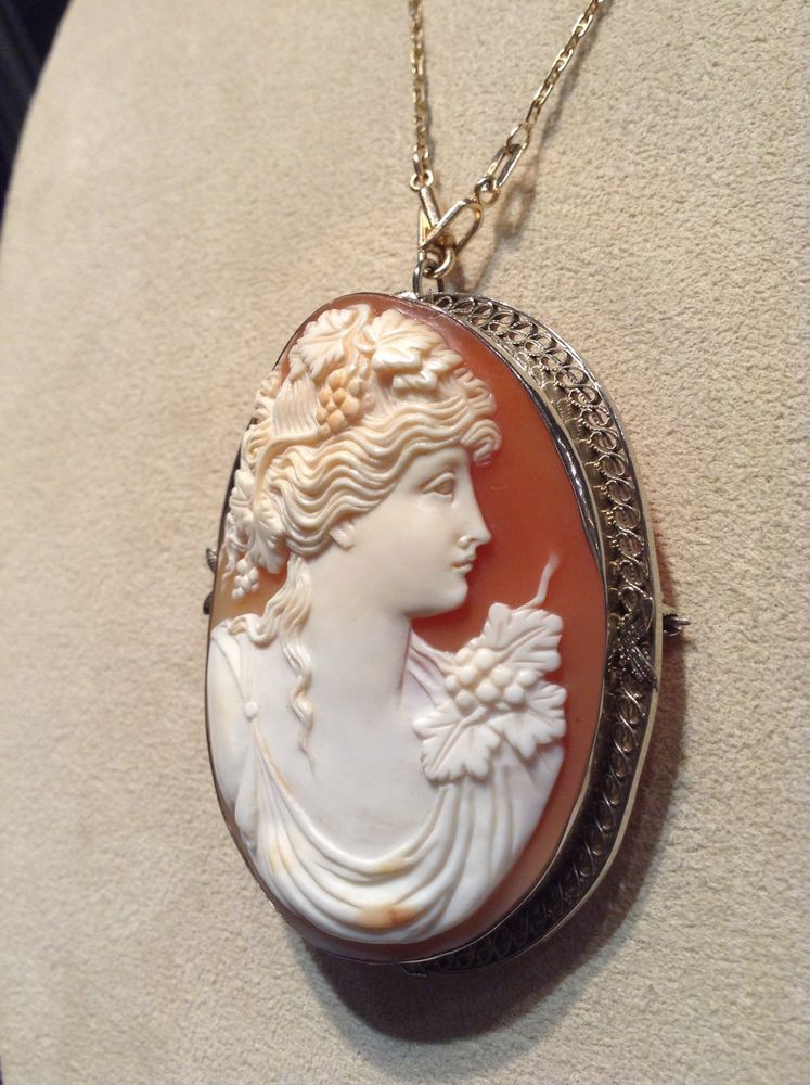 Cameo Brooches
 Vintage Cameo Brooch Pendant Hand Carved Shell In 14KW
