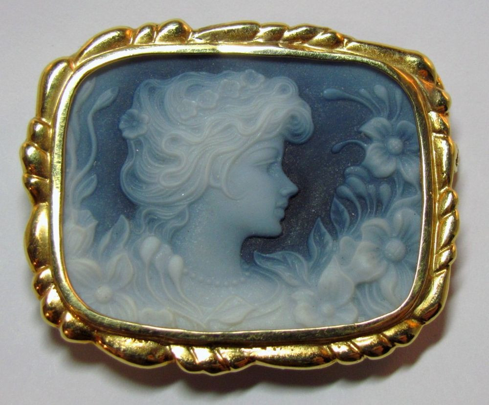 Cameo Brooches
 Vintage Blue Agate Hardstone Cameo Brooch Lady in