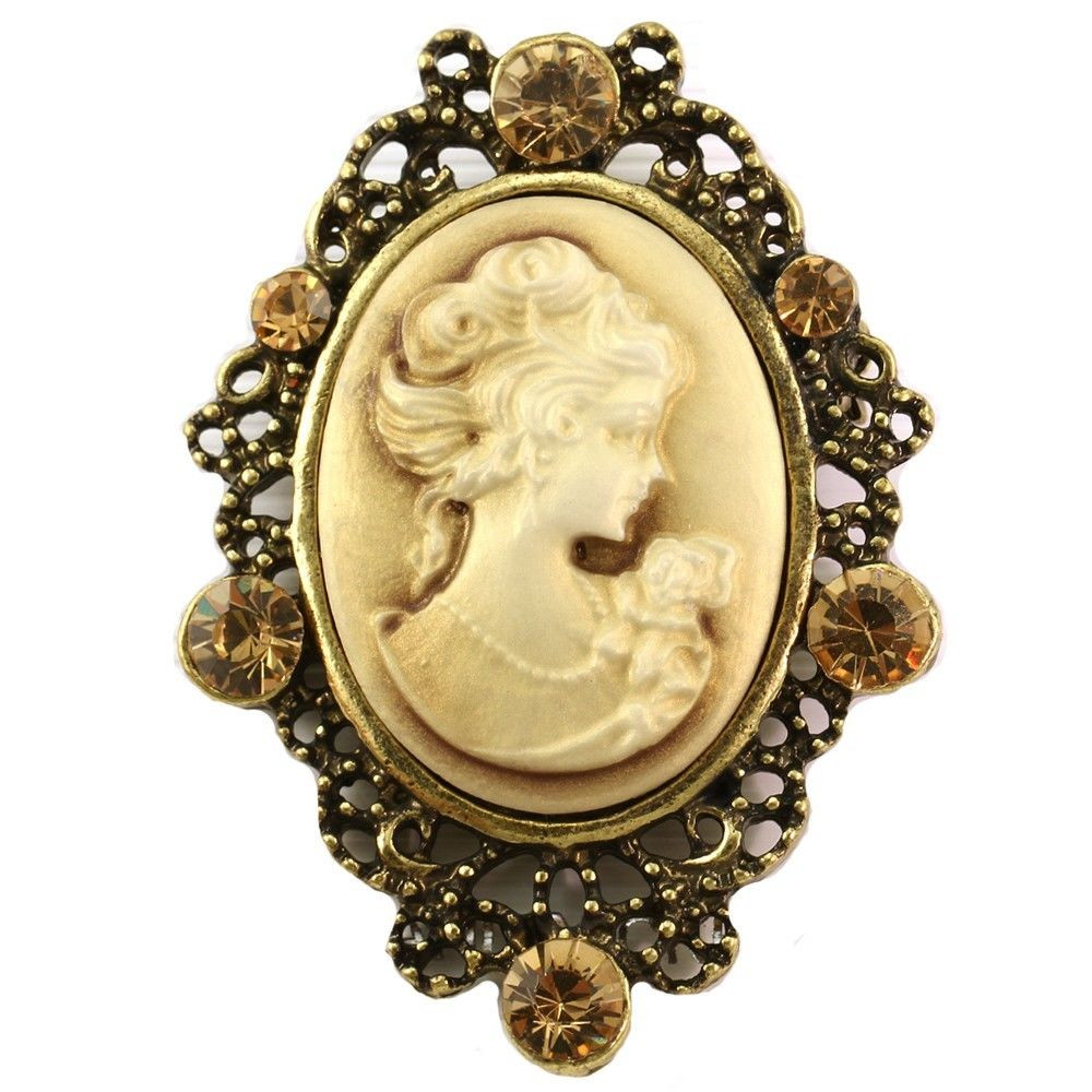 Cameo Brooches
 Brown Topaz Antique VTG Brass CAMEO Brooch Pin Pendant