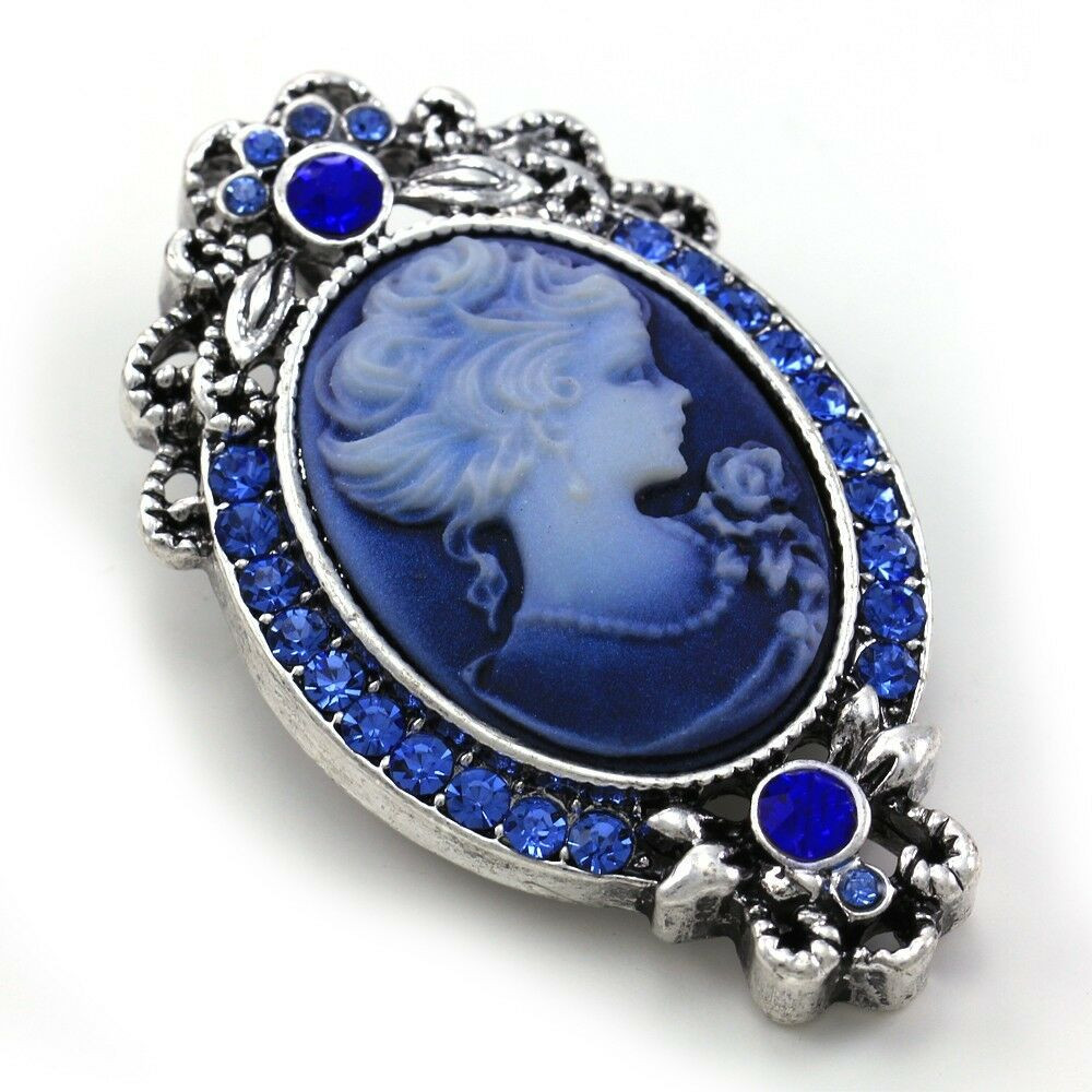 Cameo Brooches
 Royal Blue Cameo Brooch Pin Charm Antique Silvertone