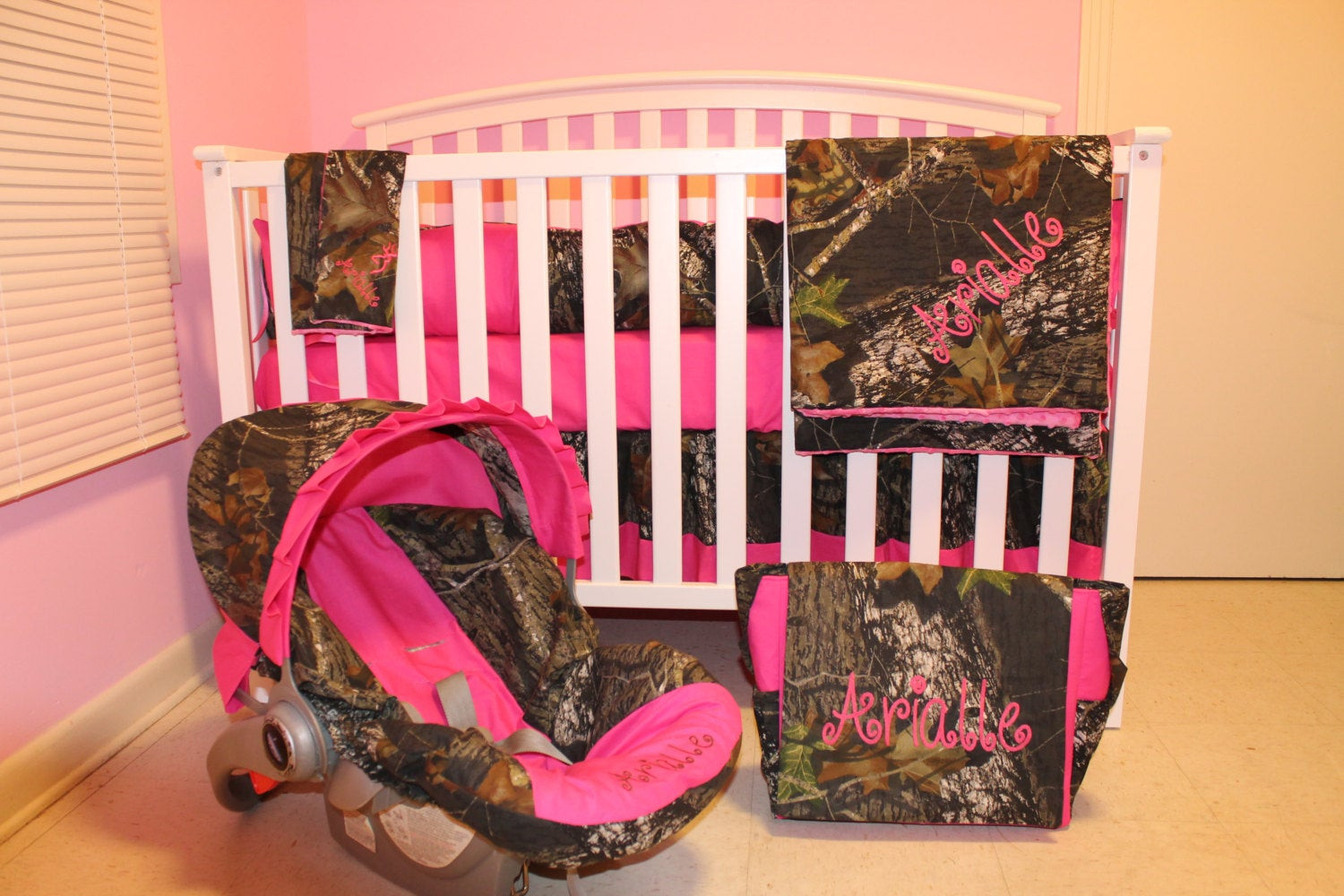 Camo Baby Decor
 7pc Camo Mossy Oak fabric & pink crib bedding nursery set with