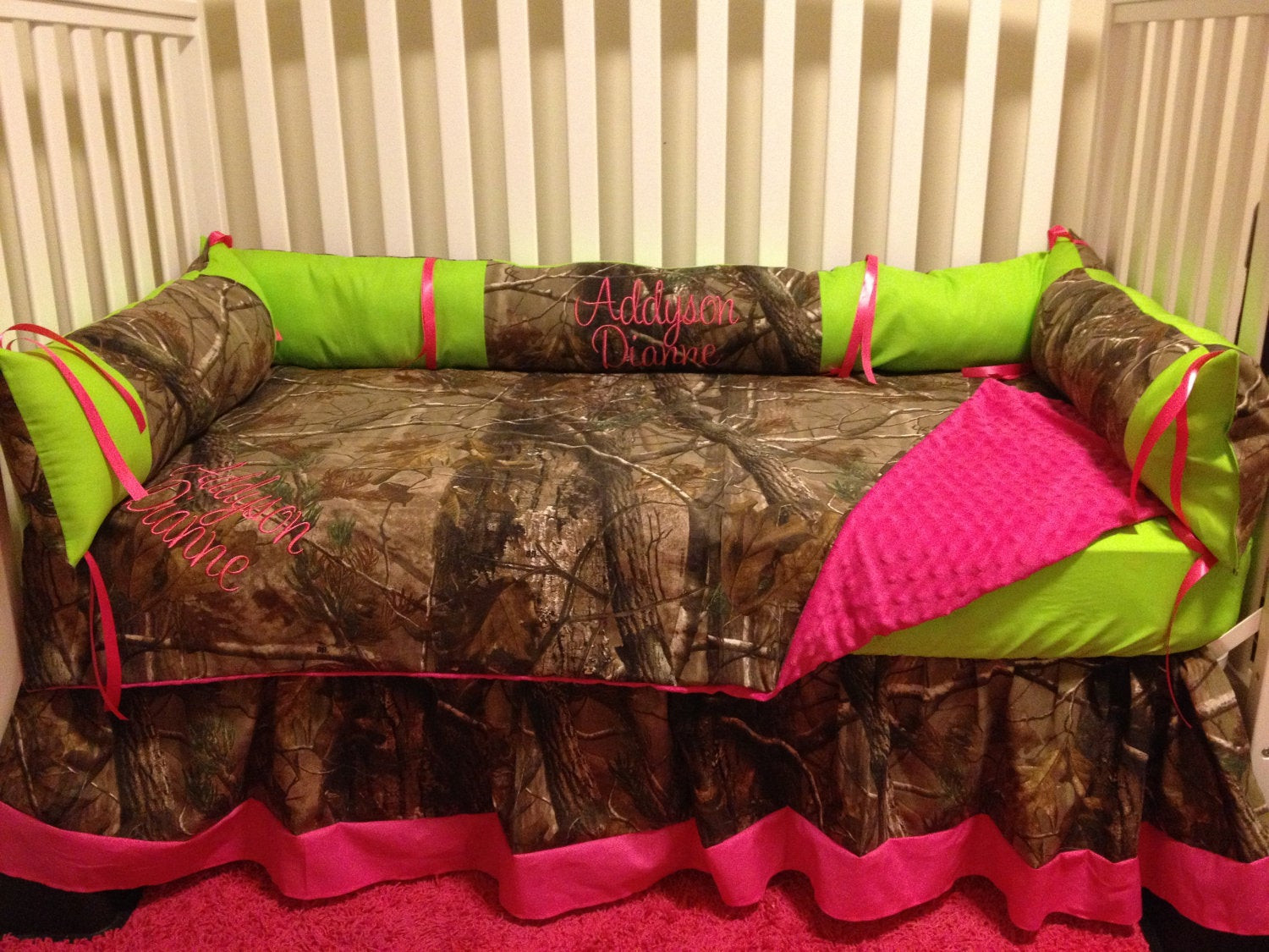 Camo Baby Decor
 Camo RealTree with lime & pink baby Crib by LIZSSTITCHESdot