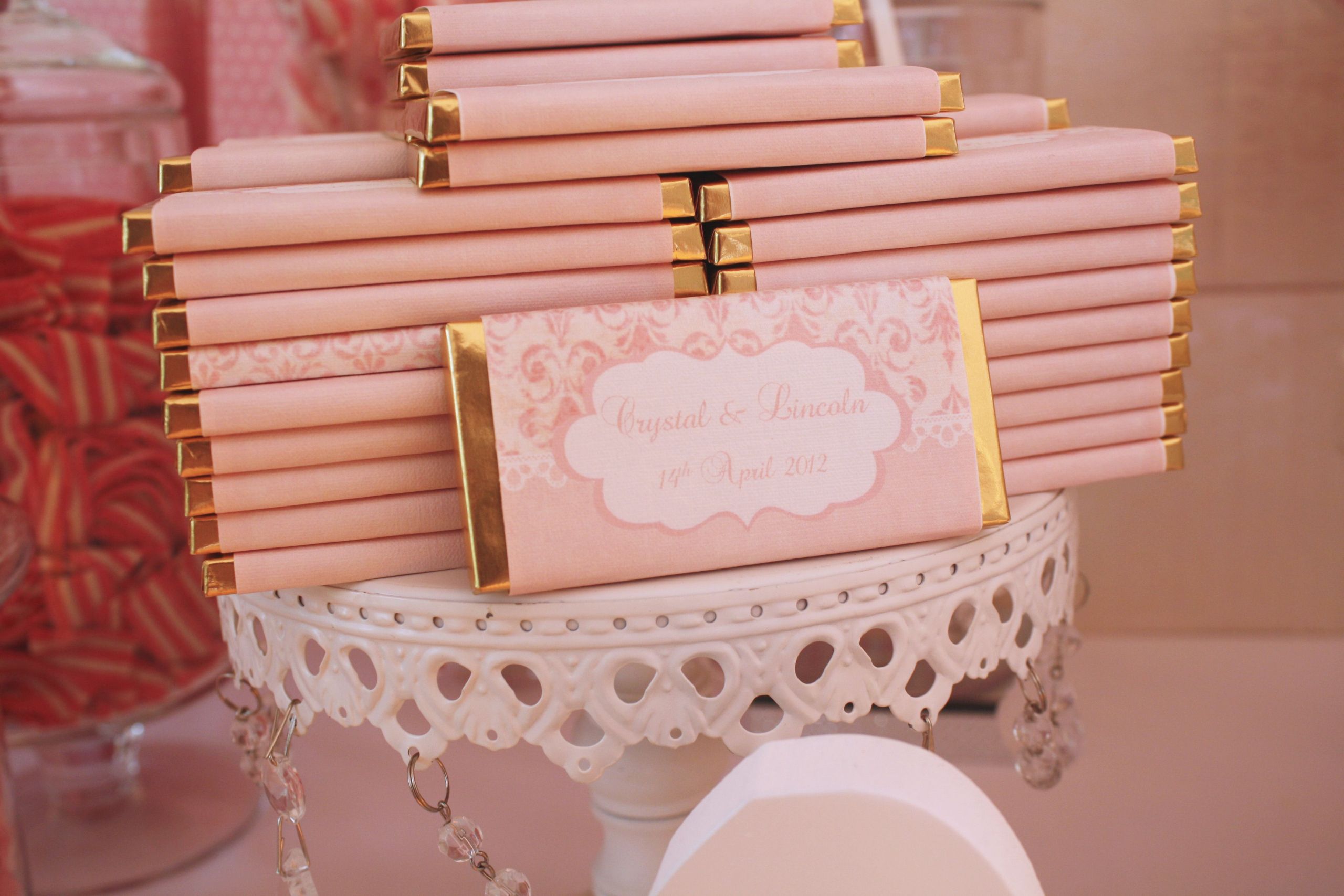 Candy Bar Wedding Favors
 Personalised vintage pink chocolate bar wrappers for
