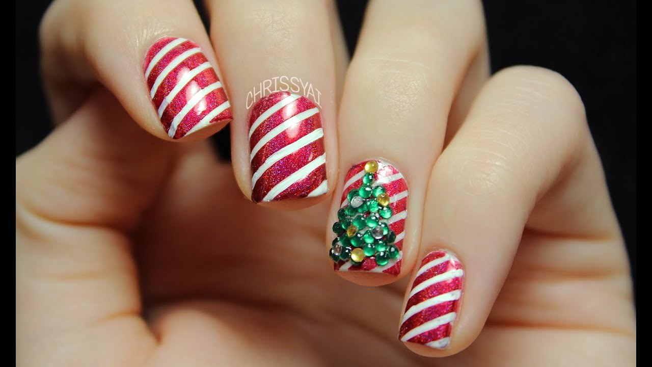 Candy Cane Nail Art
 Candy Cane Stripes & 3D Christmas Tree Nail Art