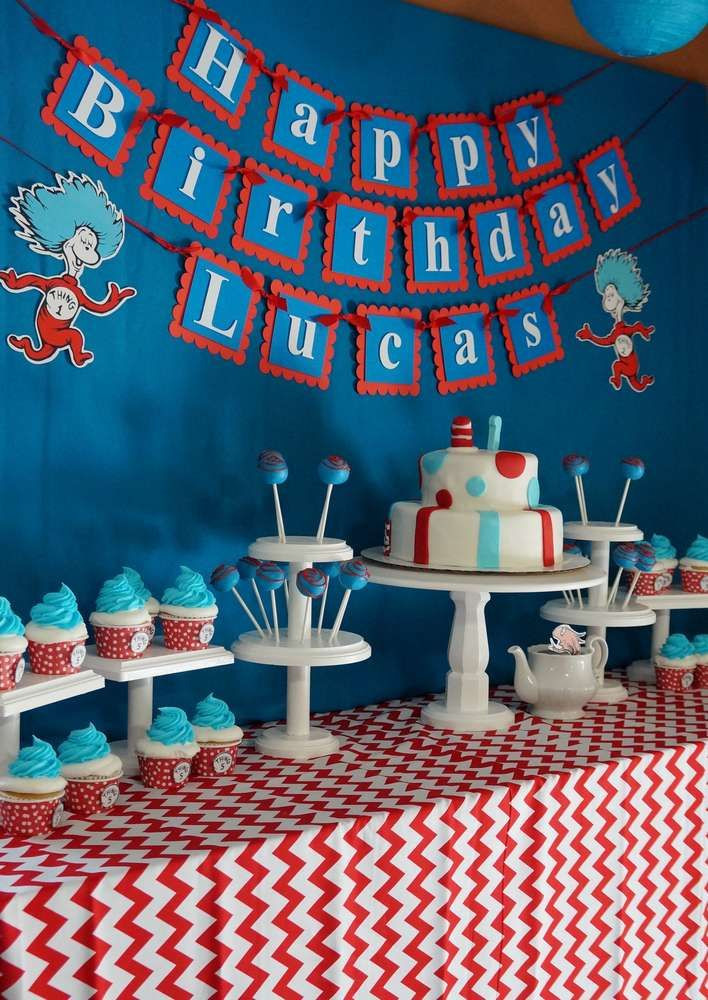 Cat In The Hat Birthday Decorations
 Awesome dessert table at a Dr Seuss Cat in the Hat